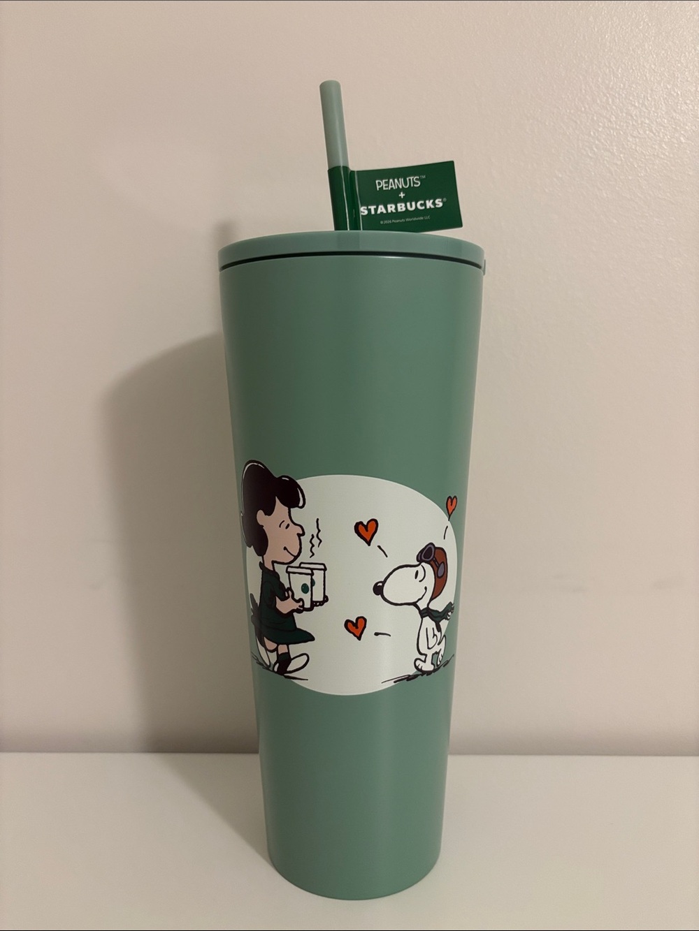 LIMITED EDITION Starbucks Peanuts Snoopy & Lucy Sage Green Tumbler Cup Authentic